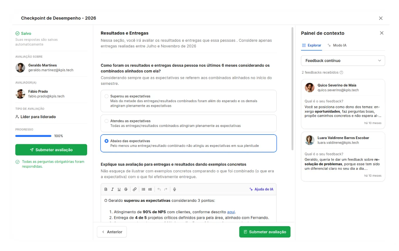 Feedback contínuo no Painel de Contexto da avaliação de desempenho da Alina