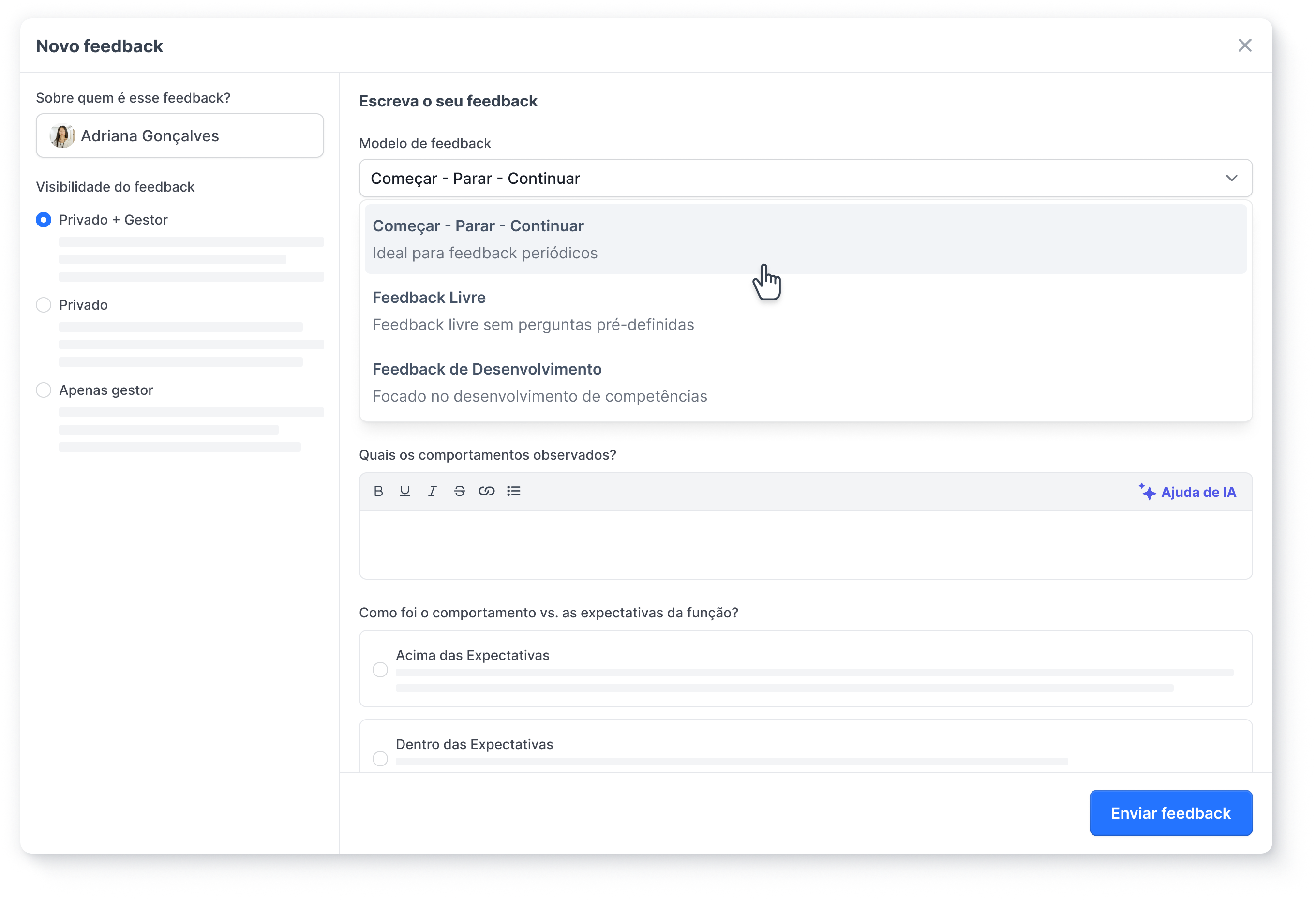 Tela de feedback contínuo da Alina