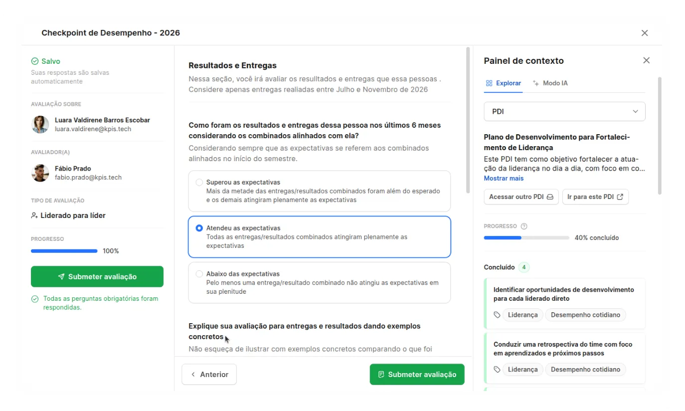 PDI no Painel de Contexto da avaliação de desempenho da Alina