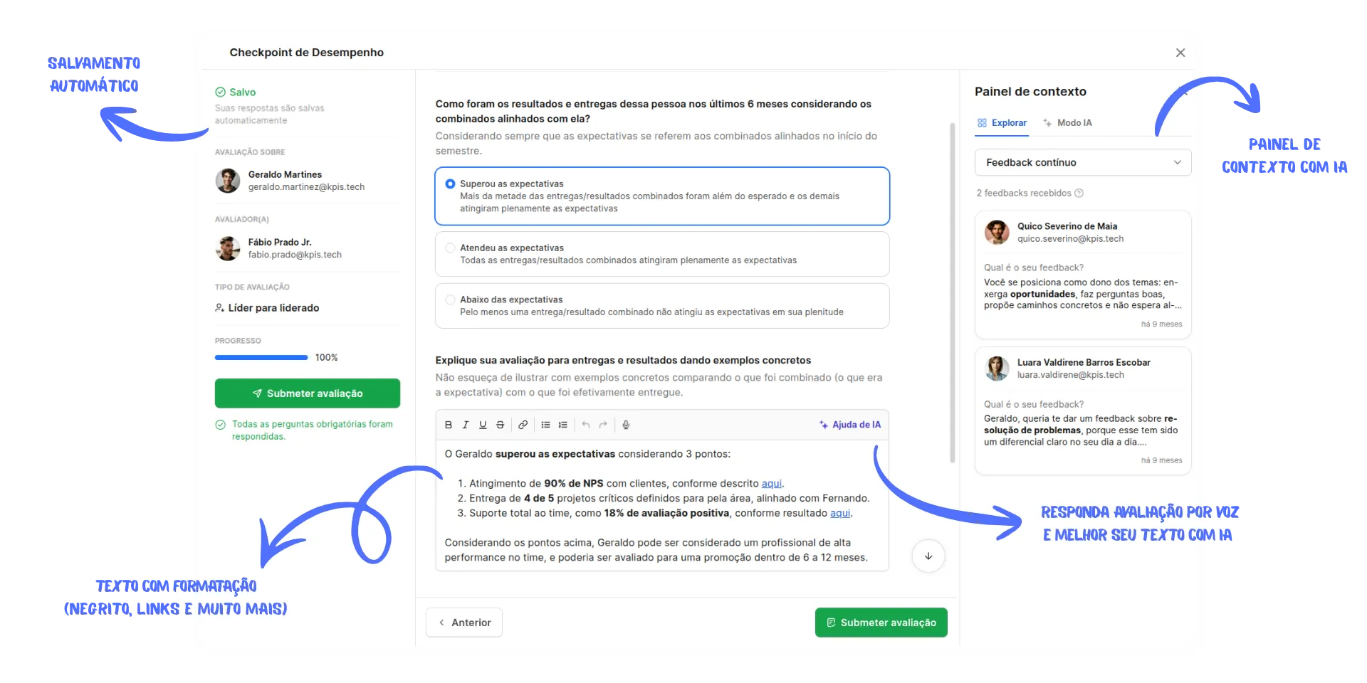 Formulário detalhado de avaliação de desempenho na Alina